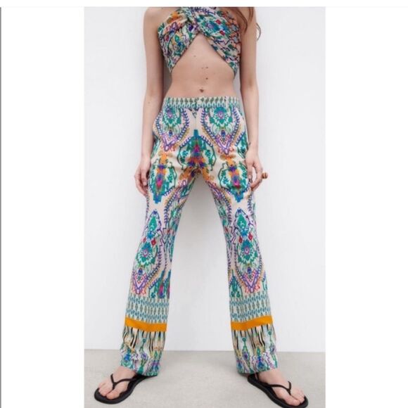 Zara Abstract Print Trousers Flowy Wide Leg Long Boho Chic Travel Indie Medium - Picture 1 of 4